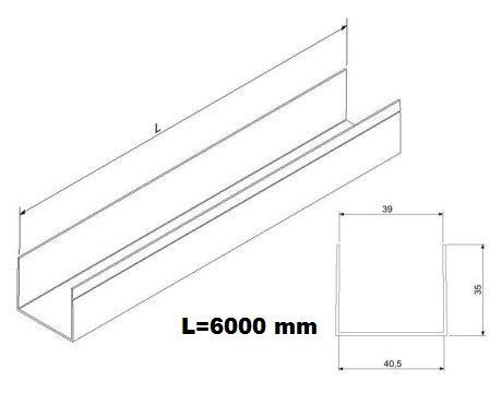 Hliníkový U-profil (dverový) - čierny - PSD - 6000 mm
